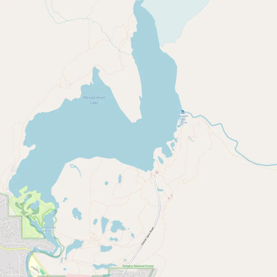 Map of Mendenhall Lake with the visitor center, Photo Point, Steep Creek and Nugget Falls