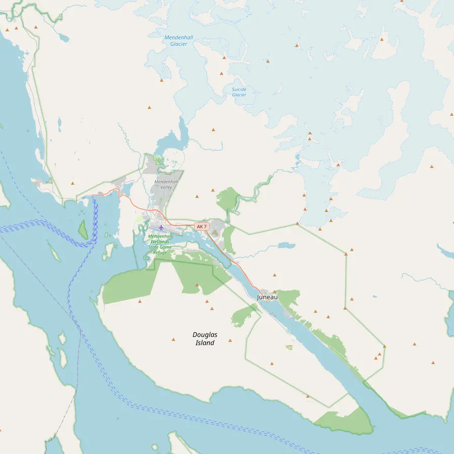 Map of Juneau from the downtown waterfront to the Mendenhall Glacier Visitor Center